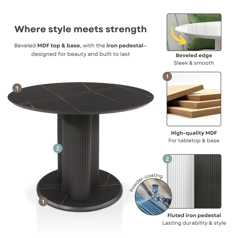 Furniture of America Elara Faux Marble Iron Pedestal Round Dining Table in Black