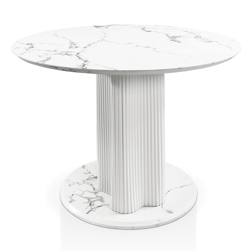 Furniture of America Elara Faux Marble Iron Pedestal Round Dining Table in White