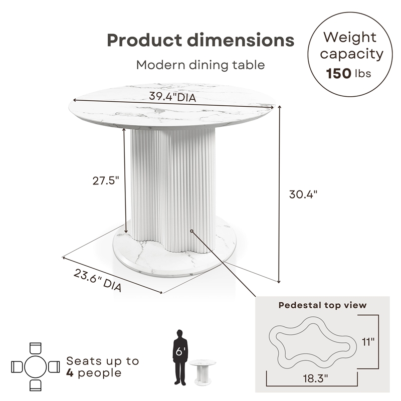 Furniture of America Elara Faux Marble Iron Pedestal Round Dining Table in White
