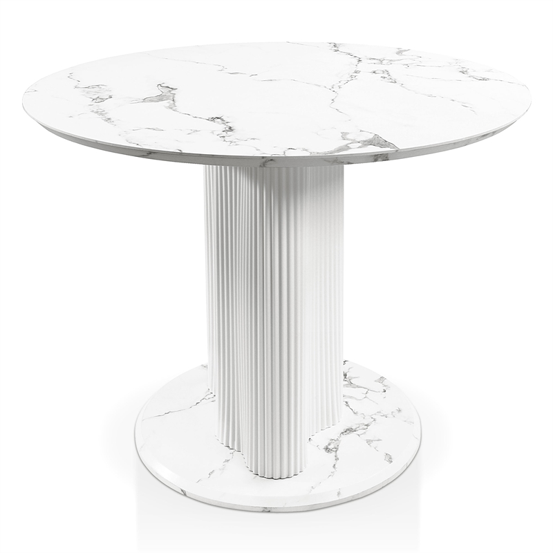 Furniture of America Elara Faux Marble Iron Pedestal Round Dining Table in White