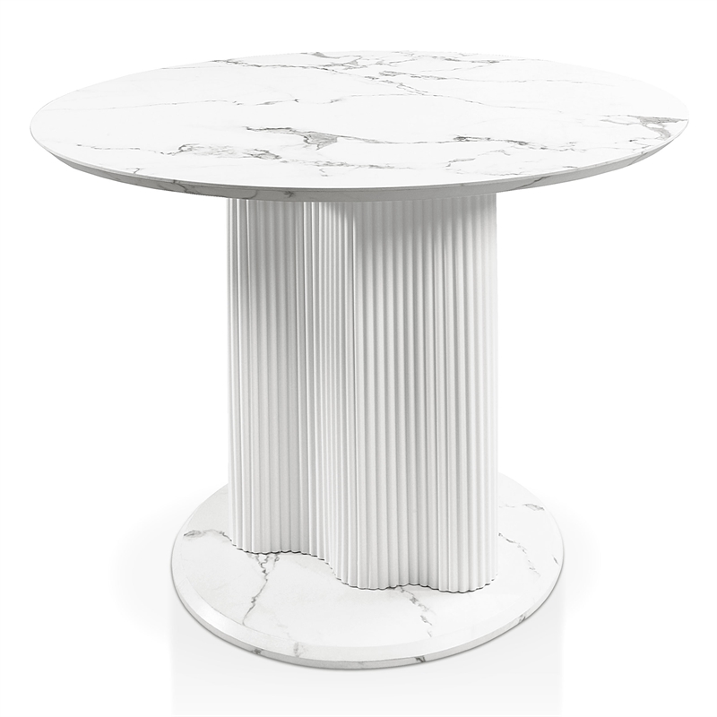 Furniture of America Elara Faux Marble Iron Pedestal Round Dining Table in White