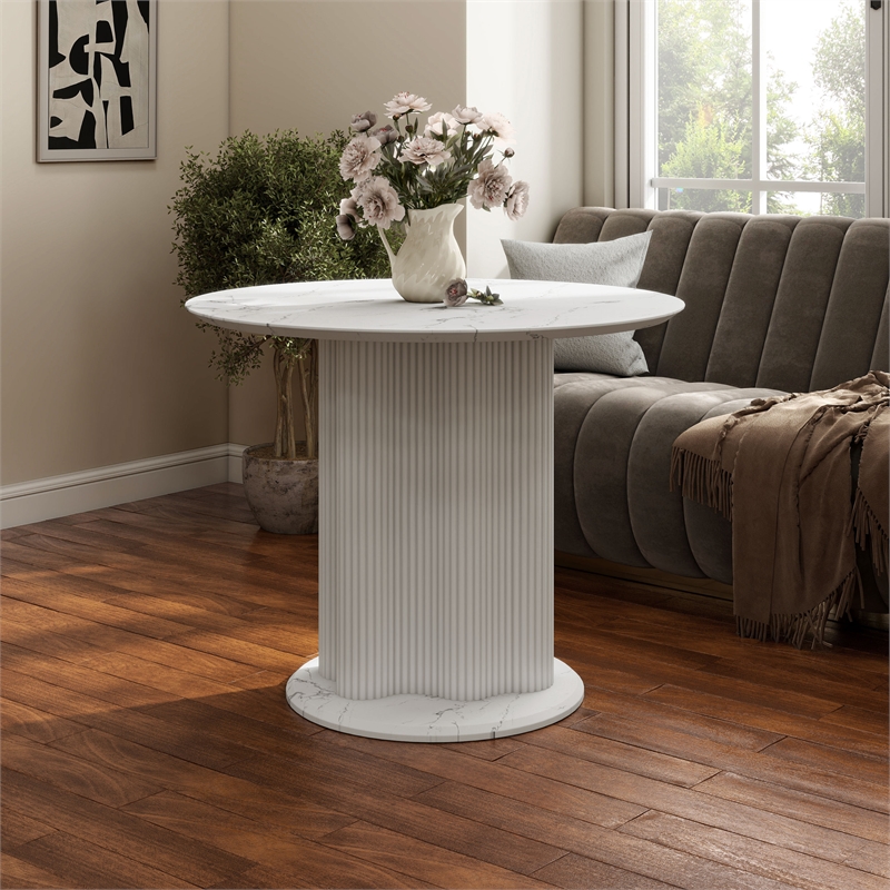 Furniture of America Elara Faux Marble Iron Pedestal Round Dining Table in White