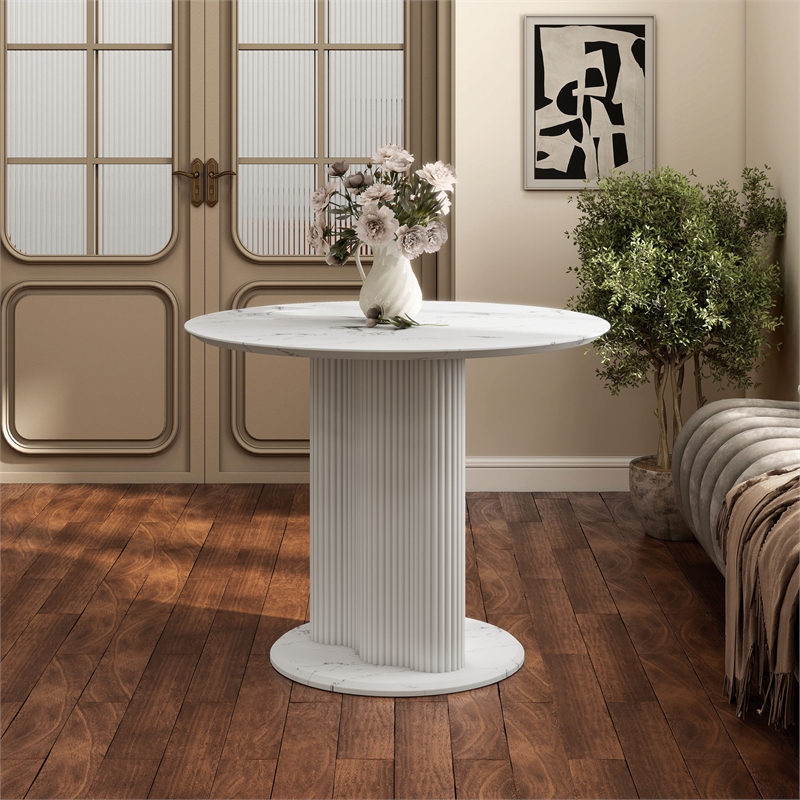 Furniture of America Elara Faux Marble Iron Pedestal Round Dining Table in White