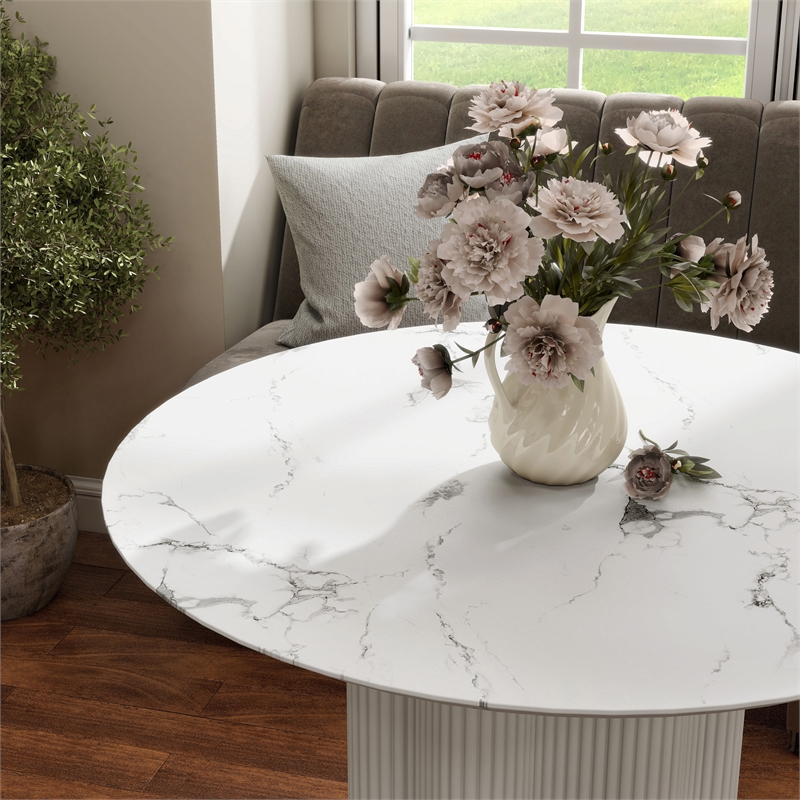 Furniture of America Elara Faux Marble Iron Pedestal Round Dining Table in White