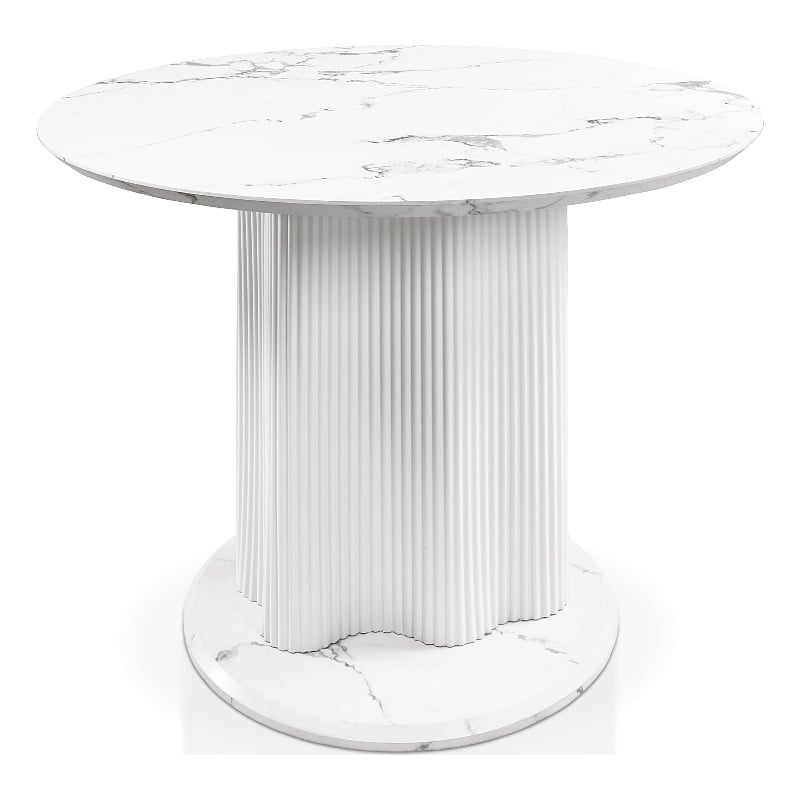 Furniture of America Elara Faux Marble Iron Pedestal Round Dining Table in White