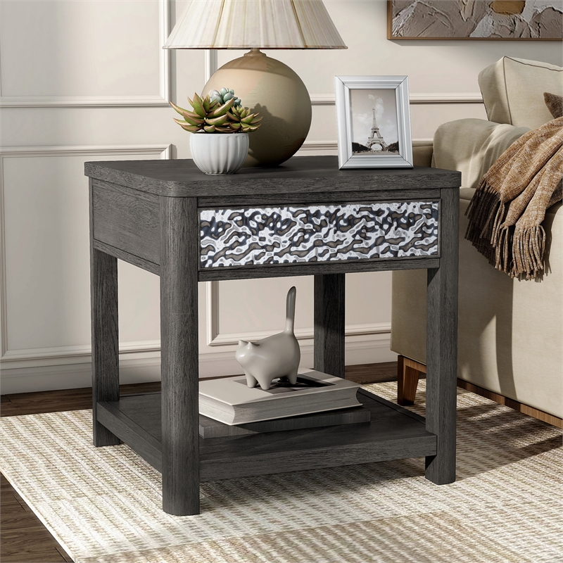 Furniture of America Selyra Wood 1-Drawer Gray End Table with Shelf