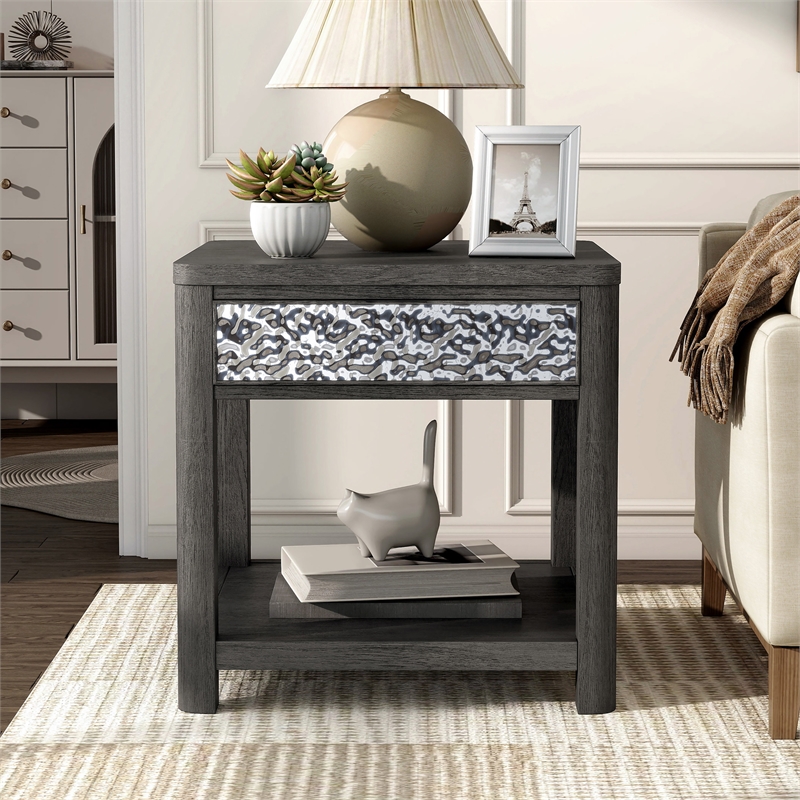 Furniture of America Selyra Wood 1-Drawer Gray End Table with Shelf