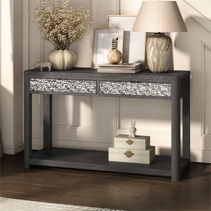 Furniture of America Selyra Wood 2-Drawer Gray Sofa Table with Shelf