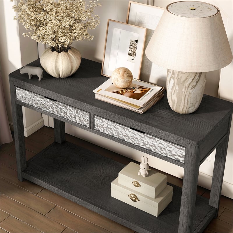Furniture of America Selyra Wood 2-Drawer Gray Sofa Table with Shelf