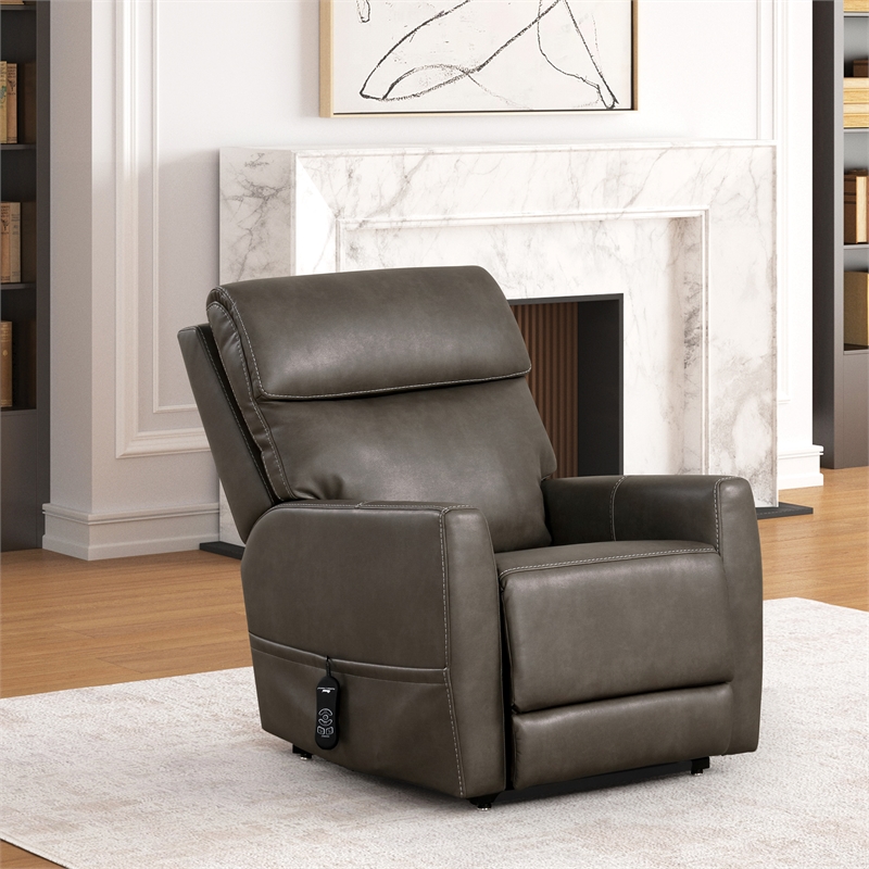 Furniture of America Hilltop Gray Faux Leather Power Lift Recliner with USB Port