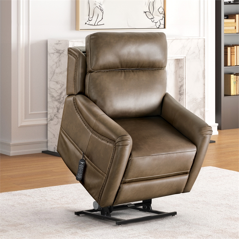 Furniture of America Starbright Brown Faux Leather Power Lift Recliner with USB