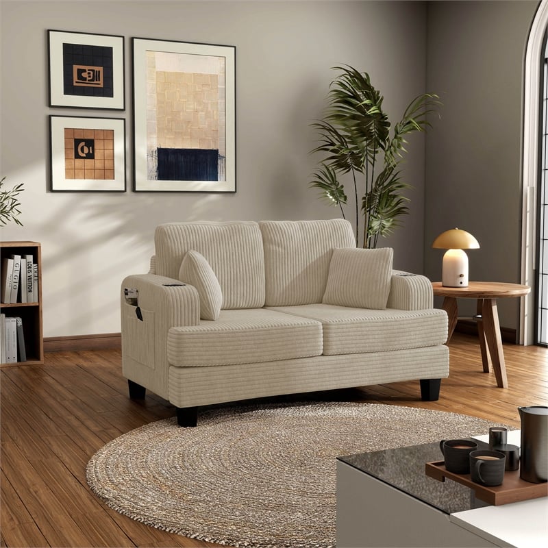 Furniture of America Reese Chenille Beige Loveseat with Cup Holders