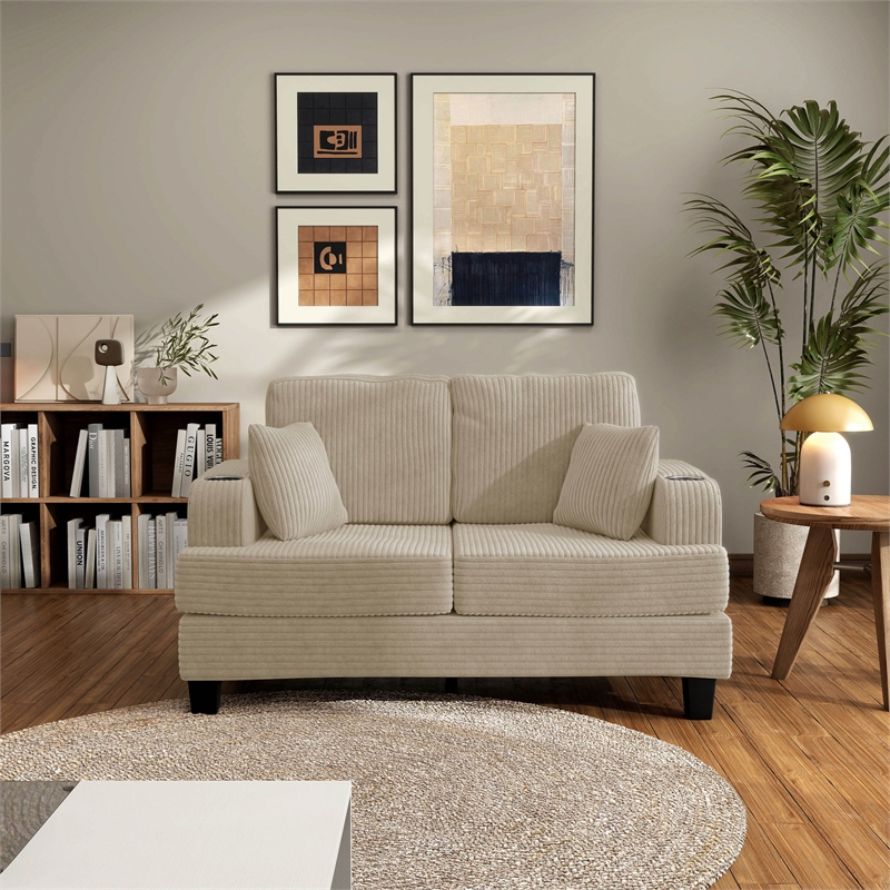 Furniture of America Reese Chenille Beige Loveseat with Cup Holders