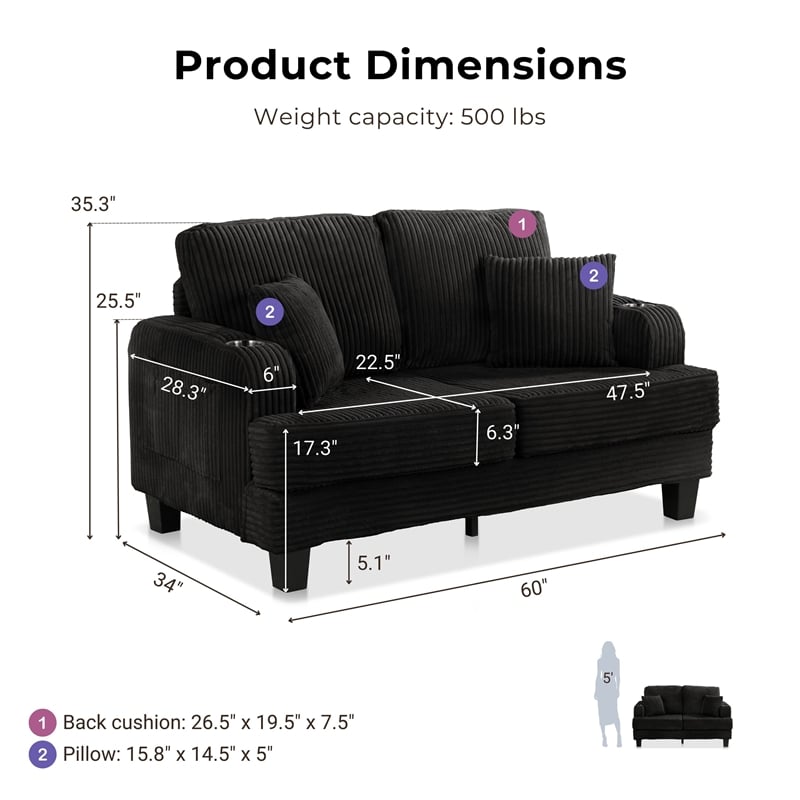 Furniture of America Reese Chenille Black Loveseat with Cup Holders
