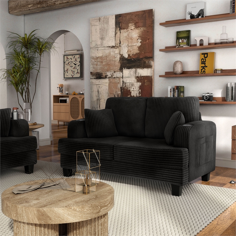 Furniture of America Reese Chenille Black Loveseat with Cup Holders