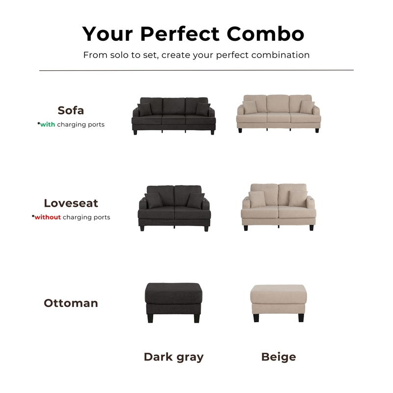 Furniture of America Reese Fabric Beige Sofa with Cup Holders and USBs