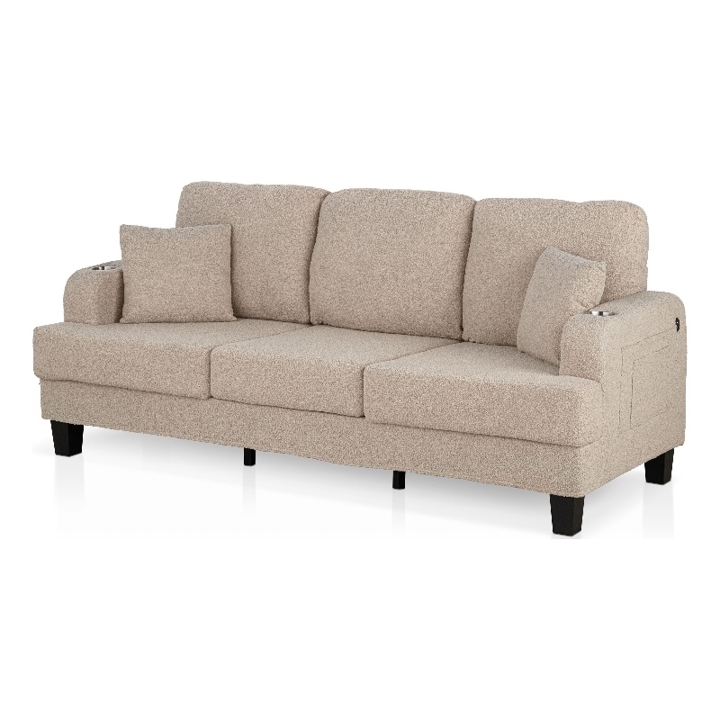 Furniture of America Reese Fabric Beige Sofa with Cup Holders and USBs