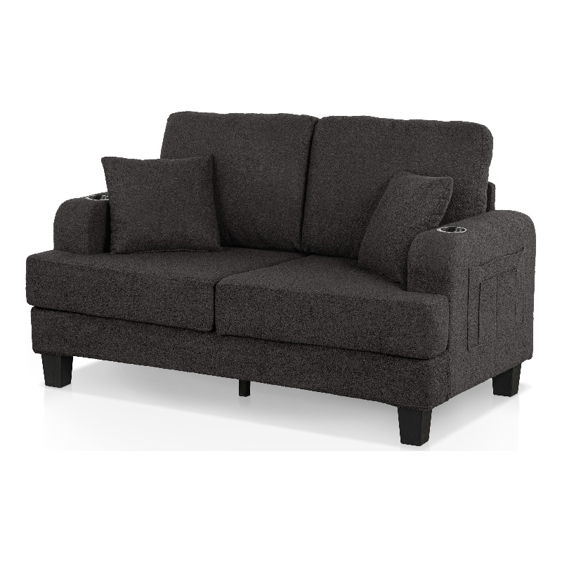 Furniture of America Reese Fabric and Wood Dark Gray Loveseat with Cup Holders