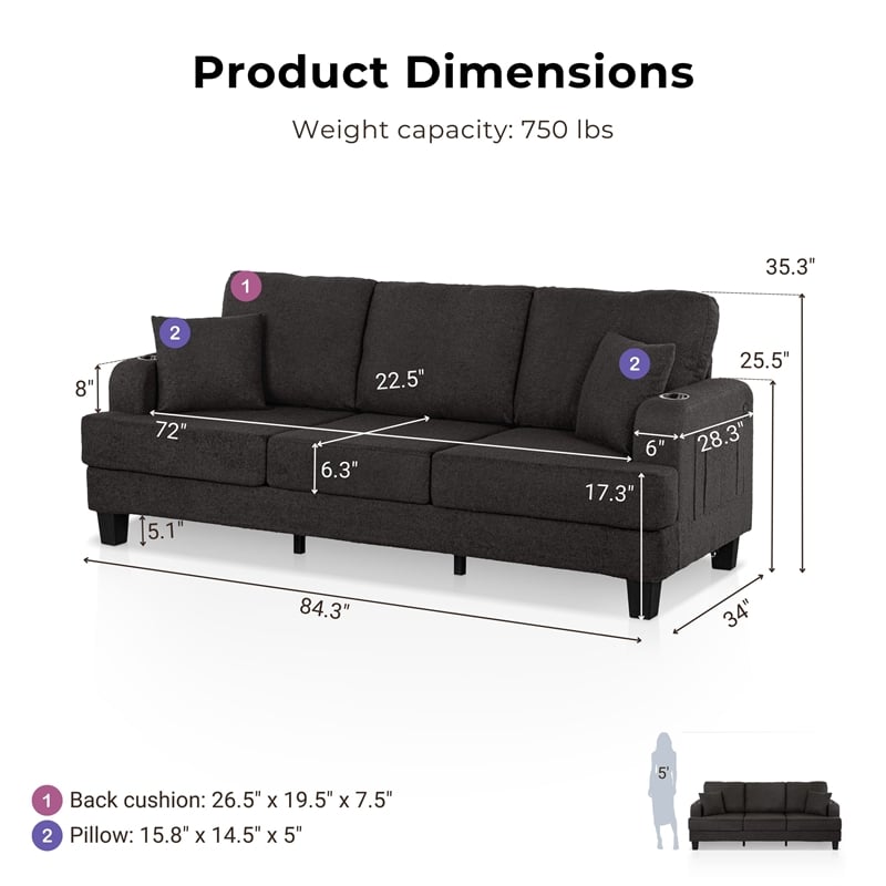 Furniture of America Reese Fabric Dark Gray Sofa with Cup Holders and USBs
