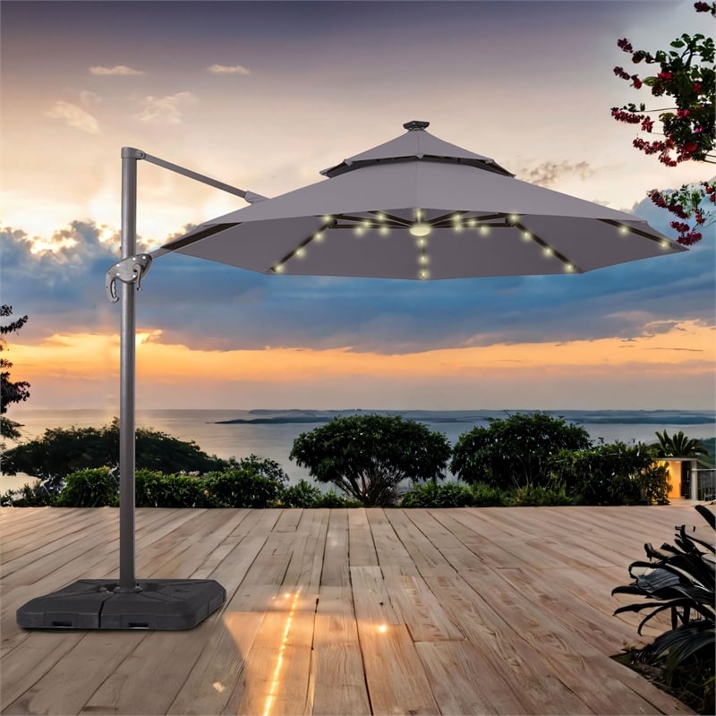 Furniture of America Vauren Fabric 10' Double Top Round Gray Umbrella with LED