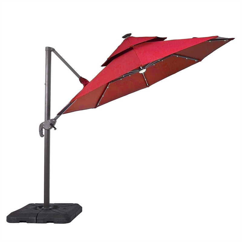 Furniture of America Vauren Fabric 10' Double Top Round Red Umbrella with LED