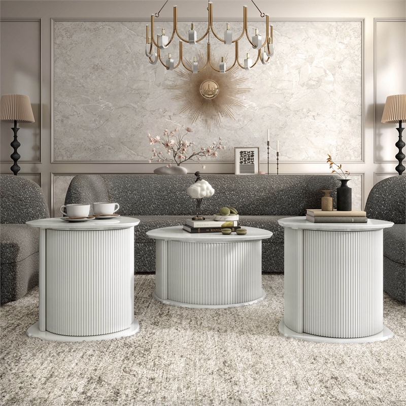 Furniture of America Elara Wood 3-Piece Coffee Table and End Table Set in White