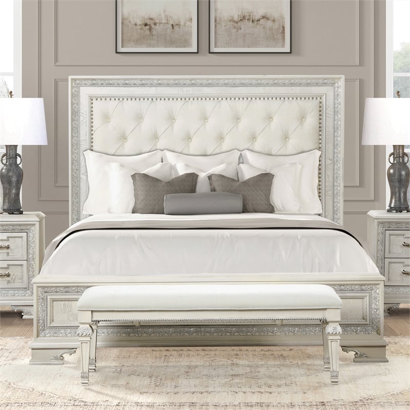Furniture of America Gelbero White Wood King Bed with Upholstered Headboard