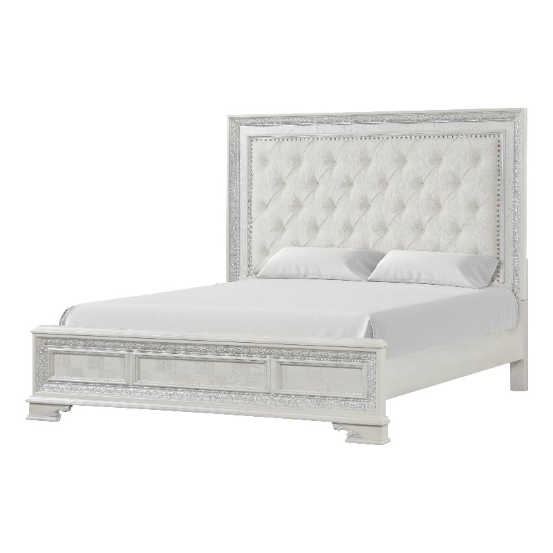 Furniture of America Gelbero White Wood King Bed with Upholstered Headboard