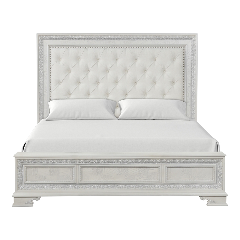 Furniture of America Gelbero White Wood Queen Bed Upholstered Headboard