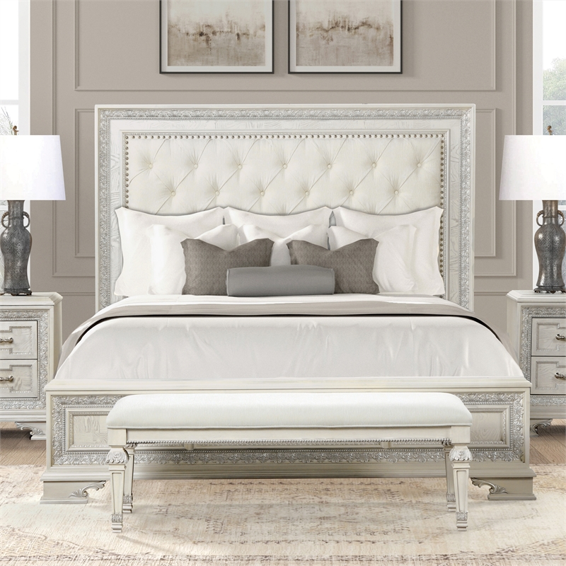 Furniture of America Gelbero White Wood Queen Bed Upholstered Headboard