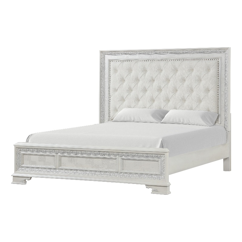 Furniture of America Gelbero White Wood Queen Bed Upholstered Headboard