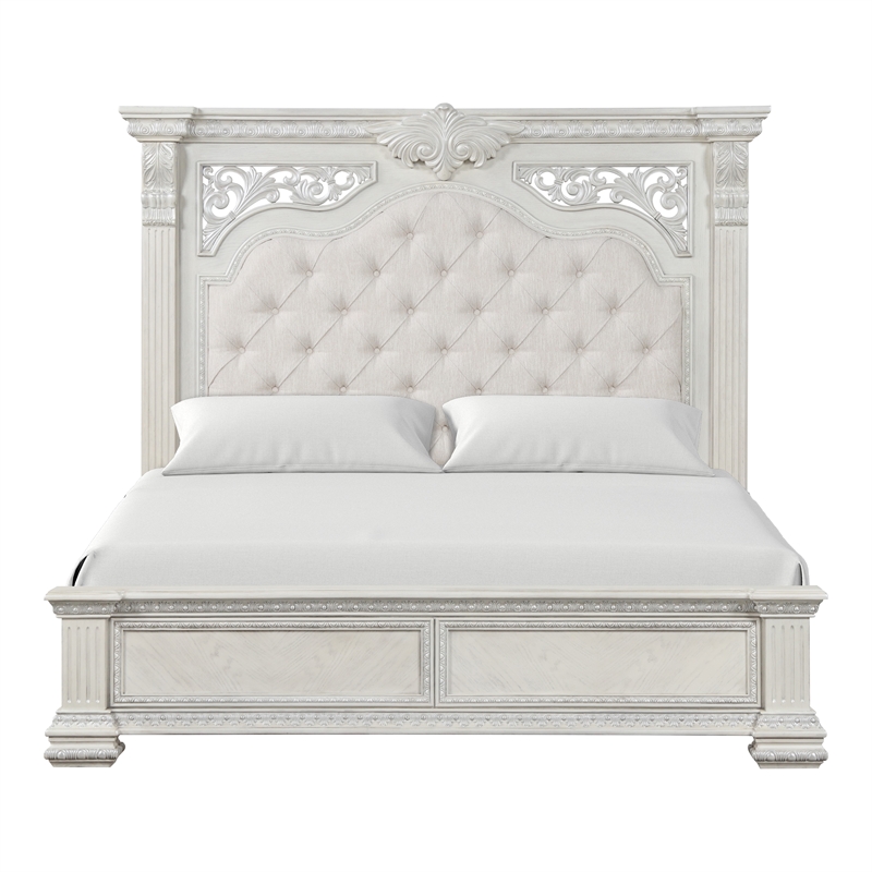 Furniture of America Byrne Wood Tufted Headboard Panel King Bed in White