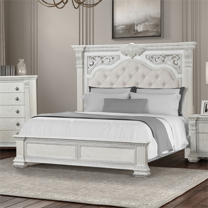 Furniture of America Byrne Wood Tufted Headboard Panel King Bed in White