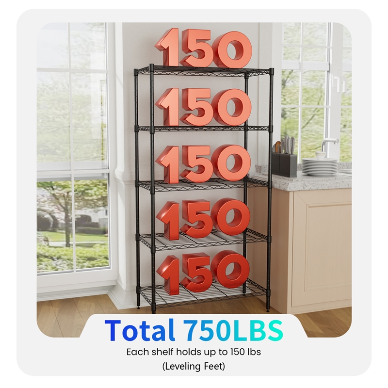 Furniture of America Rex Metal 5-Tier Wire Shelving Rack in Black