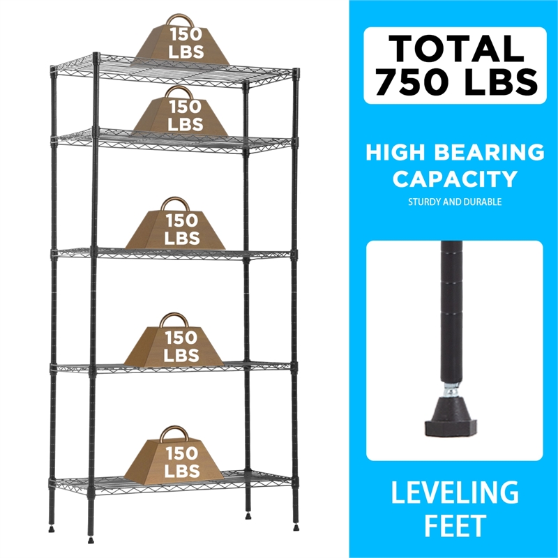 Furniture of America Rex Metal 5-Tier Wire Shelving Rack in Black