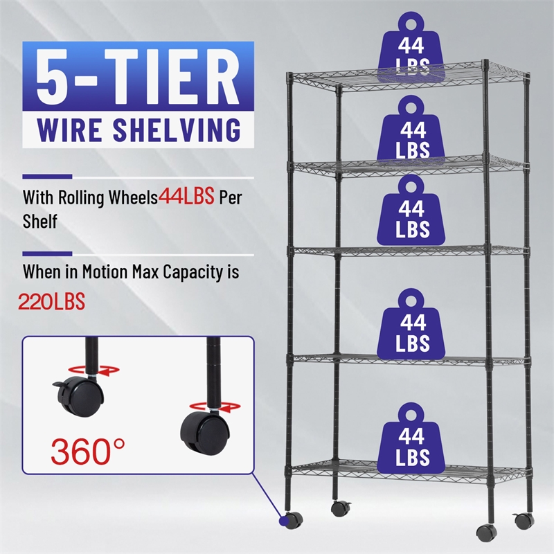 Furniture of America Rex Metal 5-Tier Wire Shelving Rack in Black