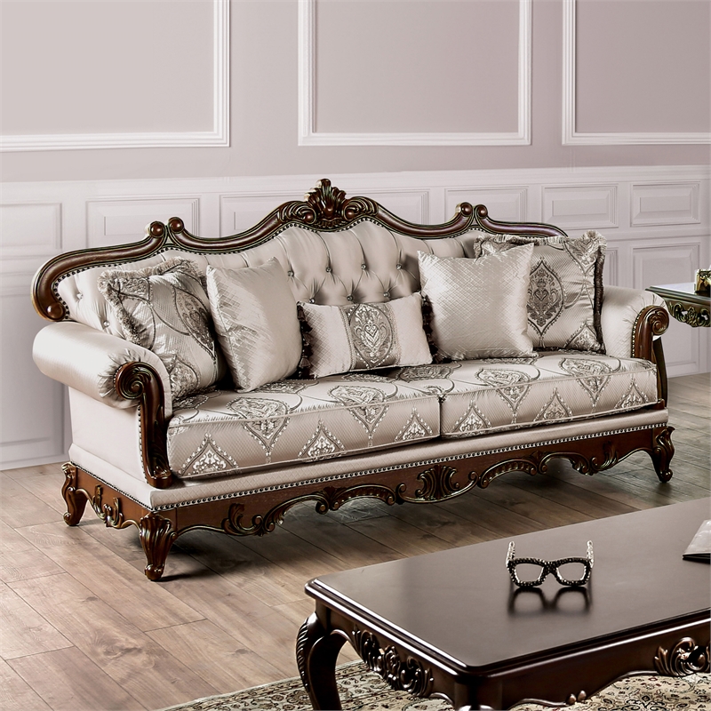 Furniture of America Adelaide Beige Tufted Fabric Sofa in Dark Cherry