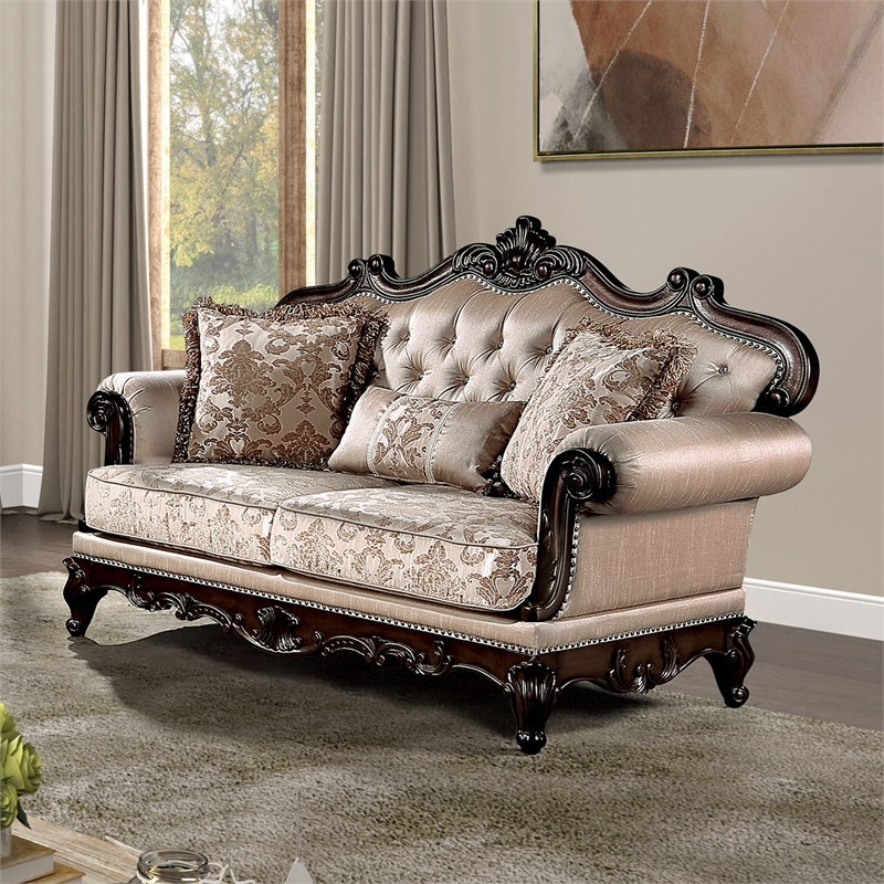 Furniture of America Adelaide Brown Tufted Fabric Loveseat in Dark Cherry