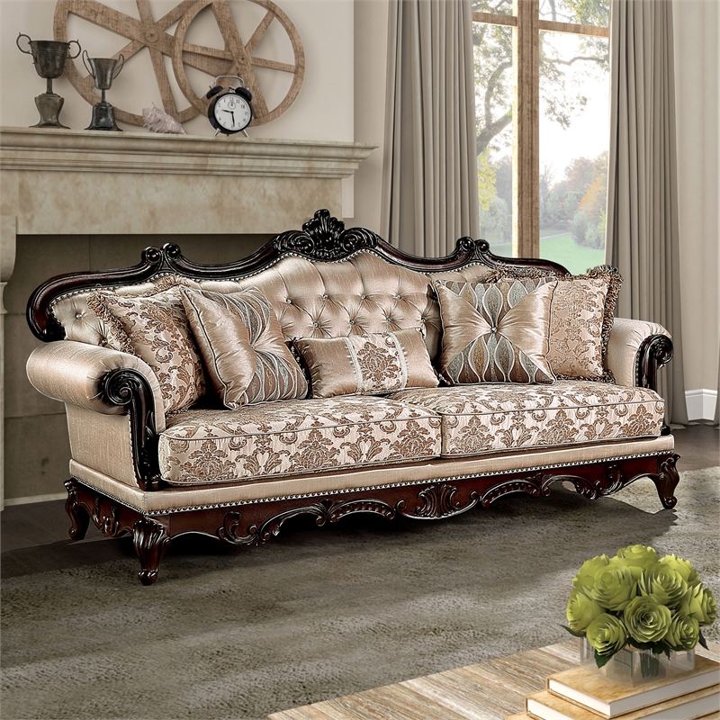 Furniture of America Adelaide Brown Tufted Fabric Sofa in Dark Cherry