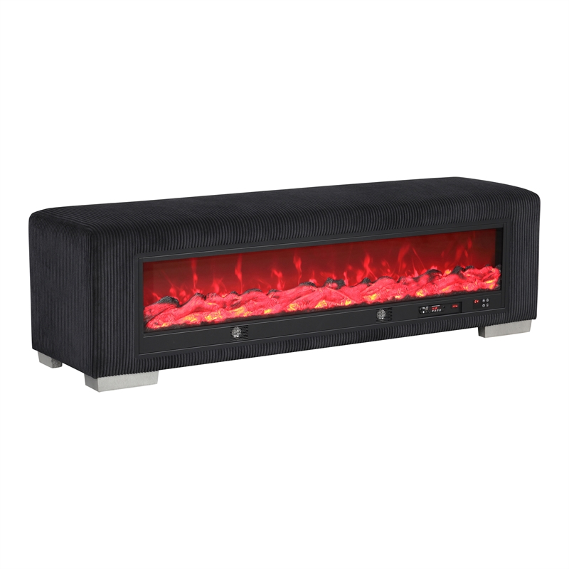 Furniture of America Alson Black Fabric Bench with Fireplace and Bluetooth Audio