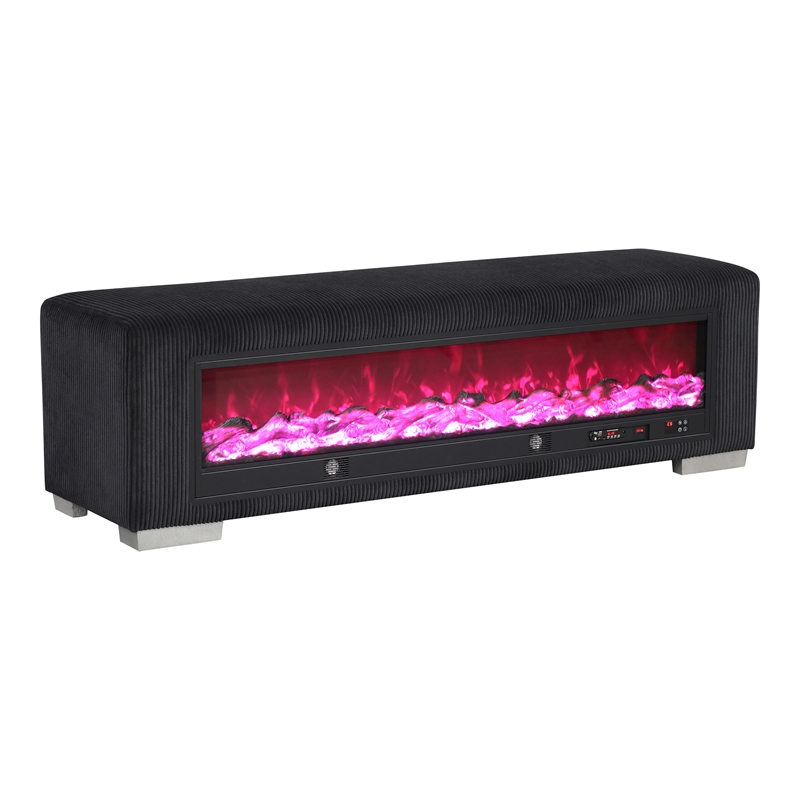 Furniture of America Alson Black Fabric Bench with Fireplace and Bluetooth Audio