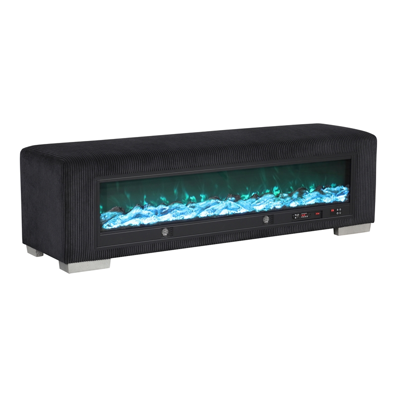 Furniture of America Alson Black Fabric Bench with Fireplace and Bluetooth Audio