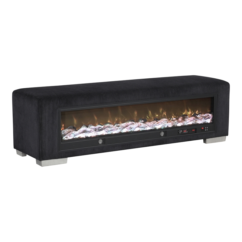 Furniture of America Alson Black Fabric Bench with Fireplace and Bluetooth Audio