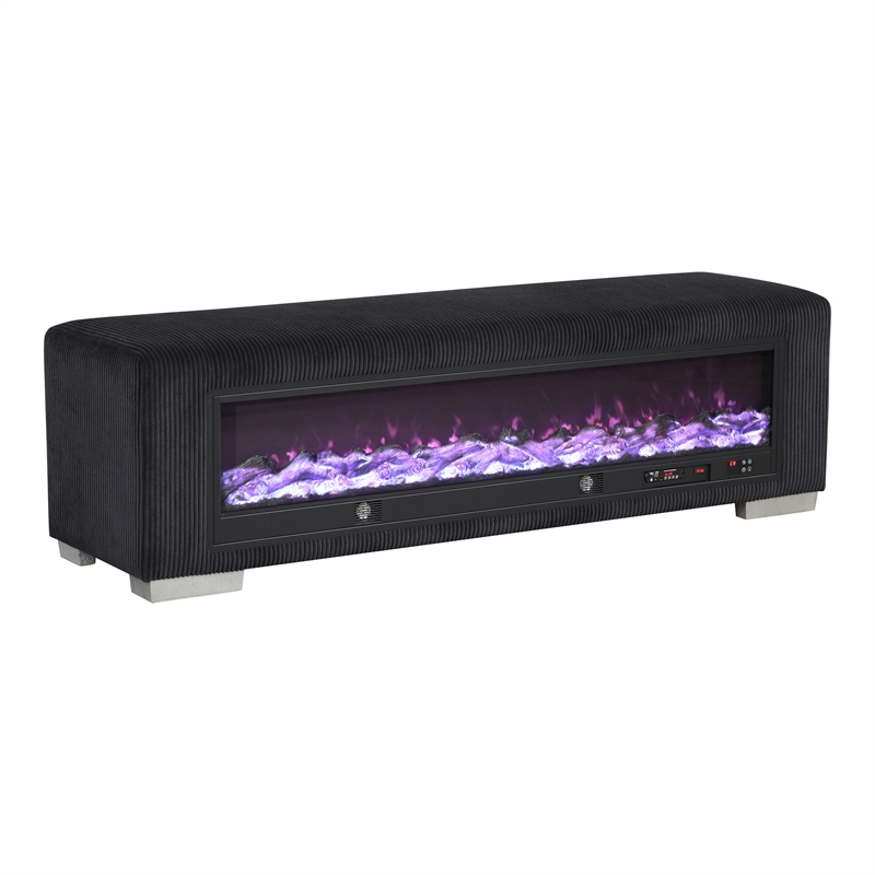 Furniture of America Alson Black Fabric Bench with Fireplace and Bluetooth Audio