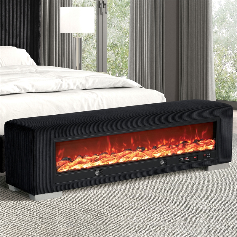 Furniture of America Alson Black Fabric Bench with Fireplace and Bluetooth Audio