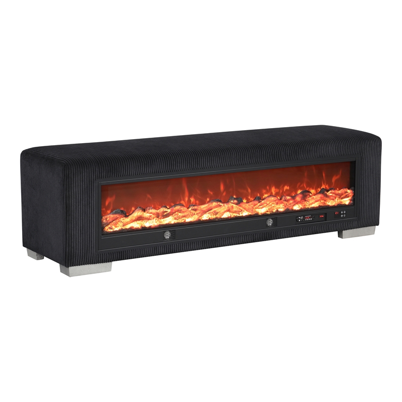 Furniture of America Alson Black Fabric Bench with Fireplace and Bluetooth Audio