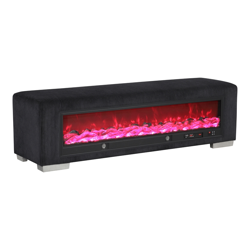 Furniture of America Alson Black Fabric Bench with Fireplace and Bluetooth Audio