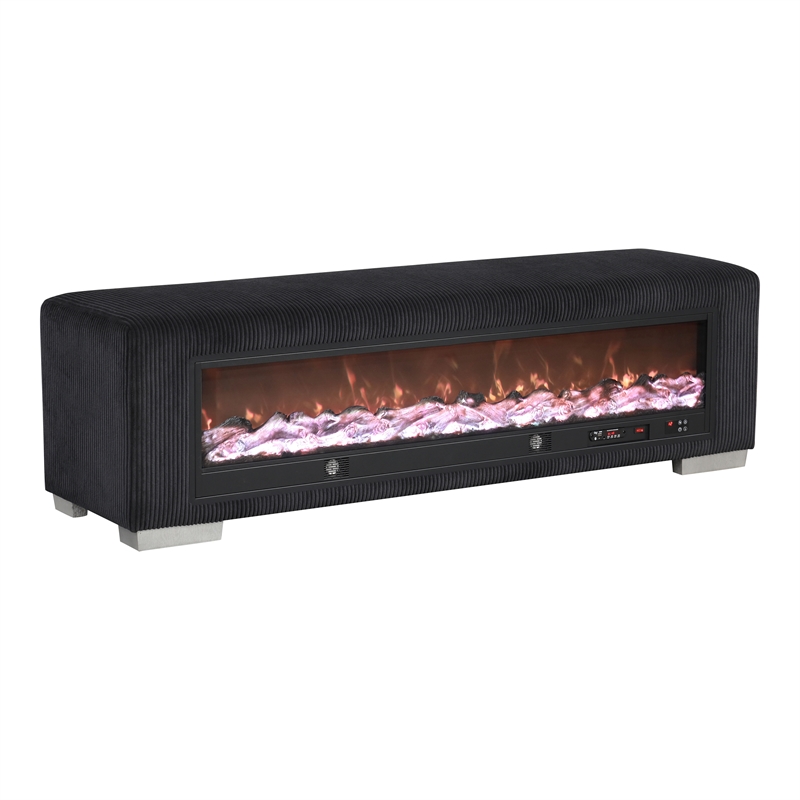 Furniture of America Alson Black Fabric Bench with Fireplace and Bluetooth Audio