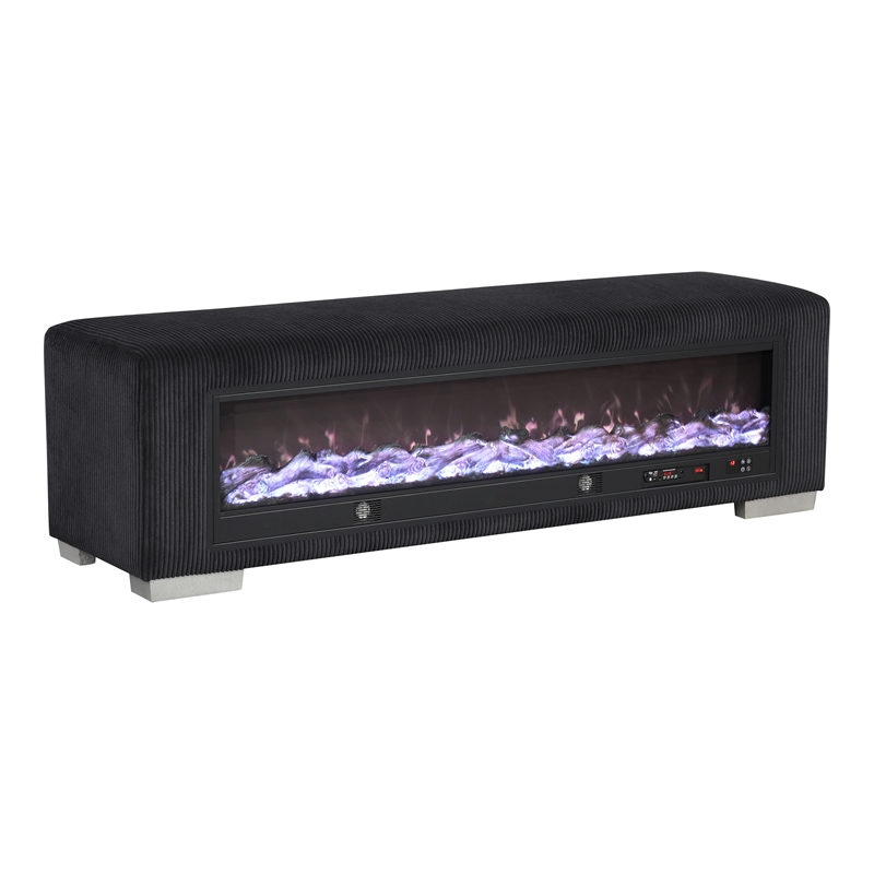 Furniture of America Alson Black Fabric Bench with Fireplace and Bluetooth Audio