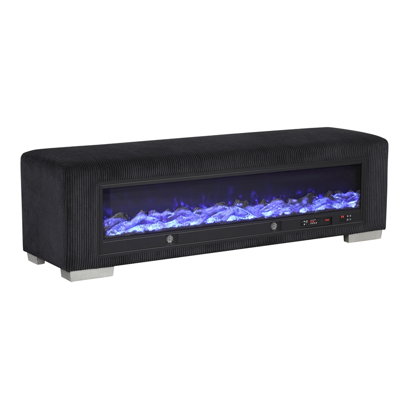 Furniture of America Alson Black Fabric Bench with Fireplace and Bluetooth Audio